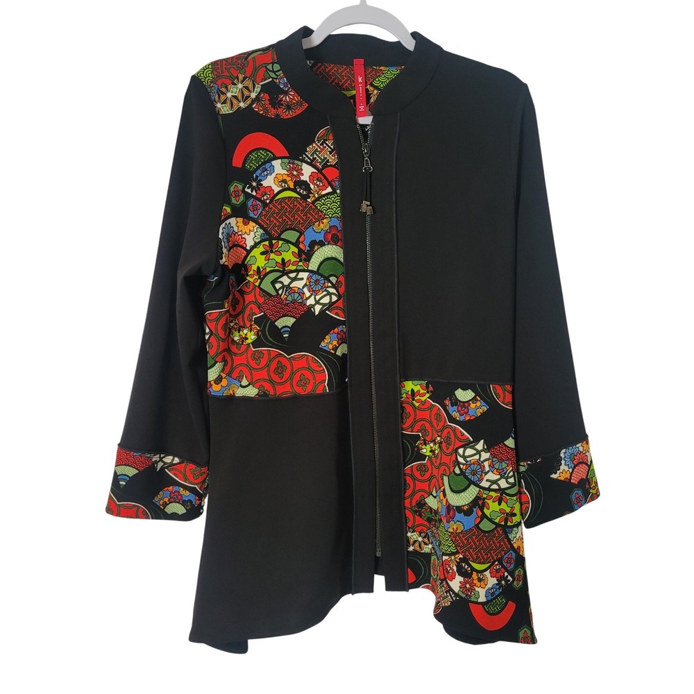 IC by Connie K Womens Large Asian Fan Floral Print Zip Front Jacket Black Artsy